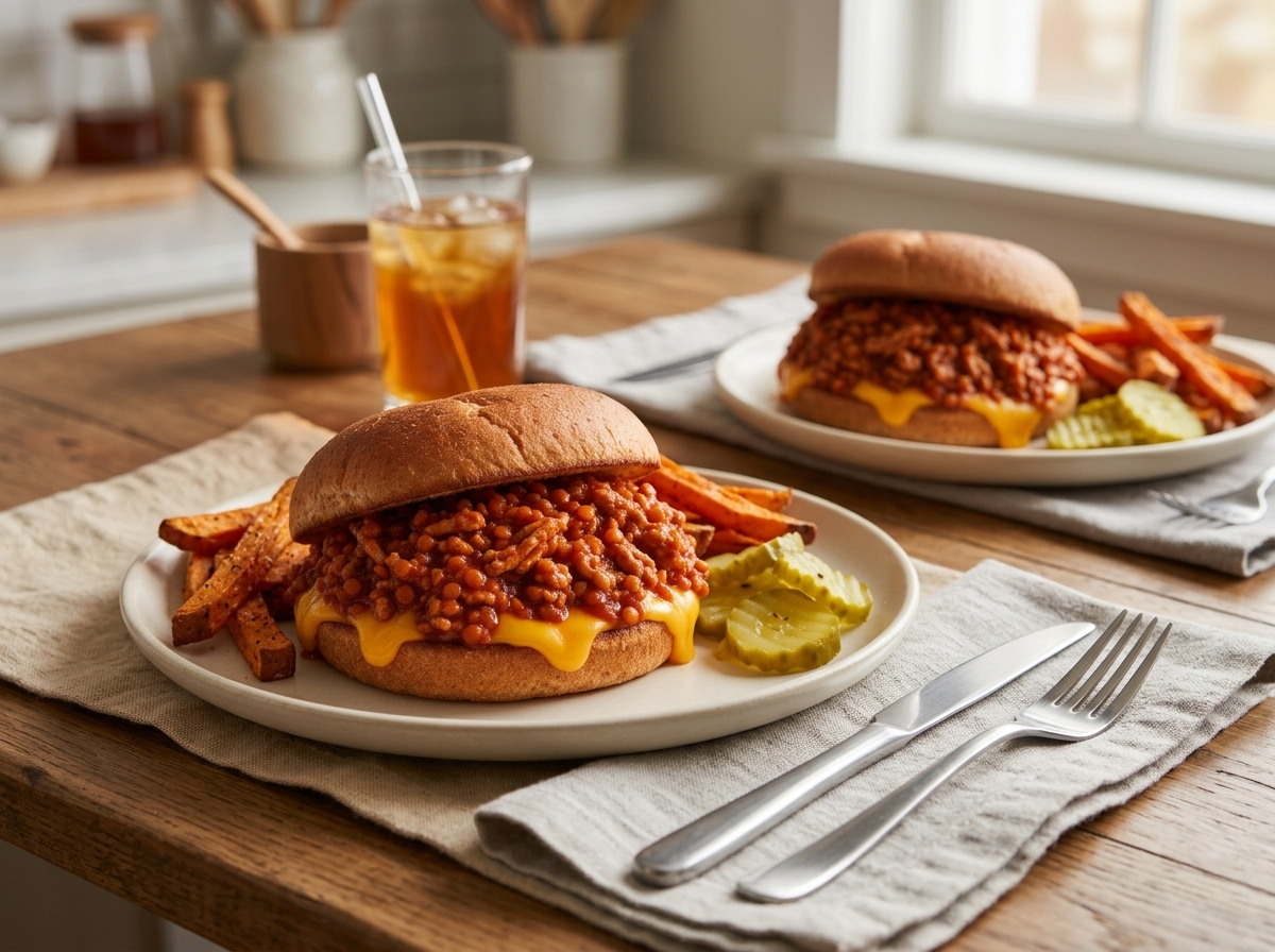 Two plates of ground turkey lentil sloppy joes with pickles and sweet potato fries on a linen napkin at a wood table
