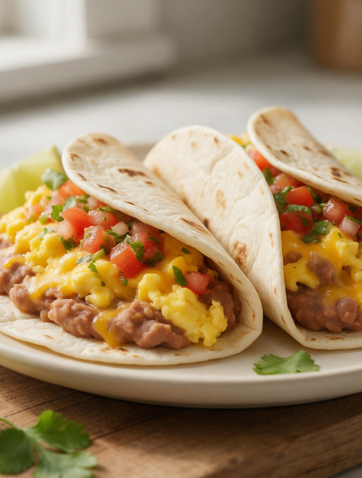 Two folded breakfast tacos with scrambled eggs, melted cheddar, and refried beans on a wooden board with lime wedges.