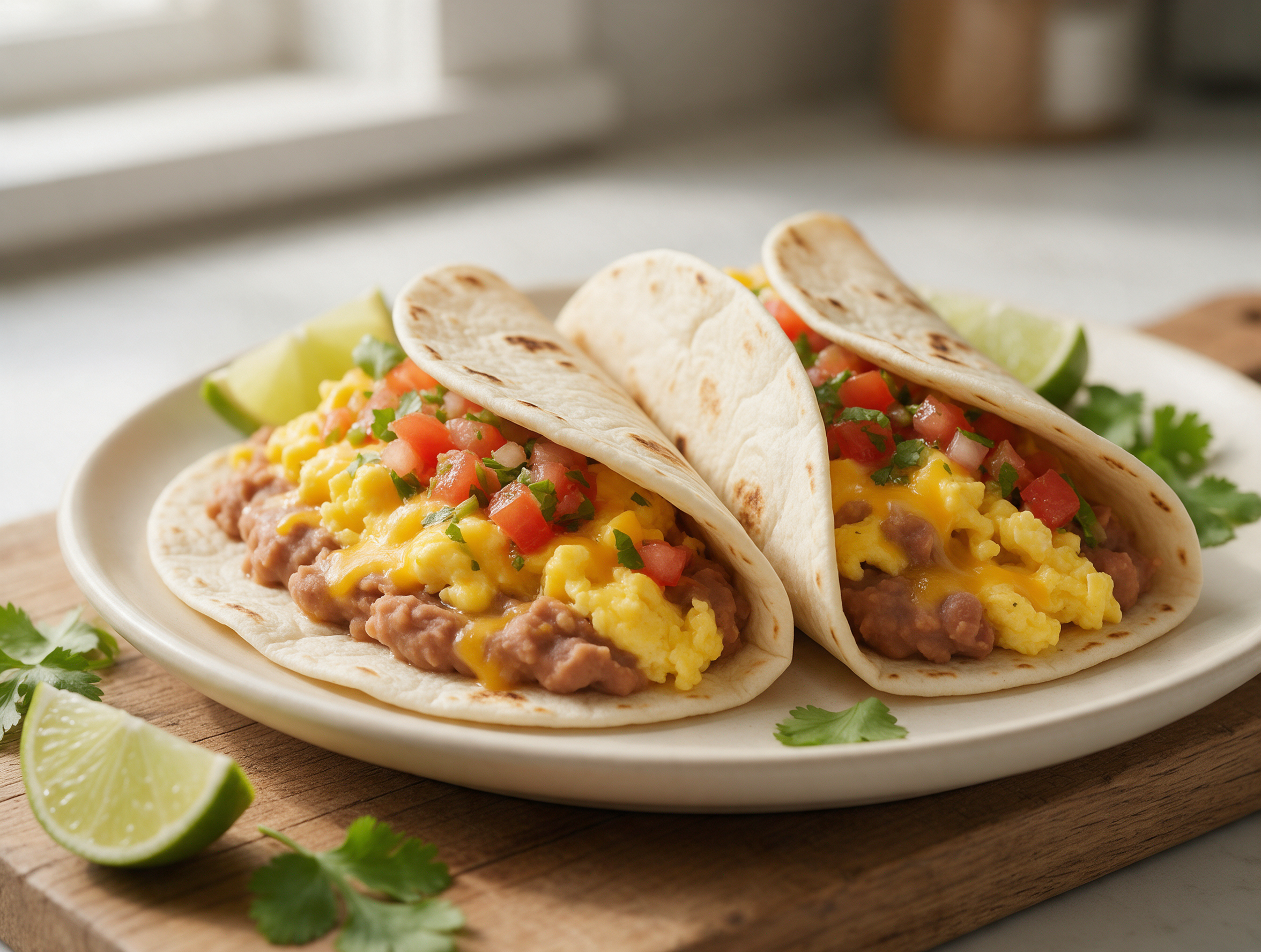 Two folded breakfast tacos with scrambled eggs, melted cheddar, and refried beans on a wooden board with lime wedges.
