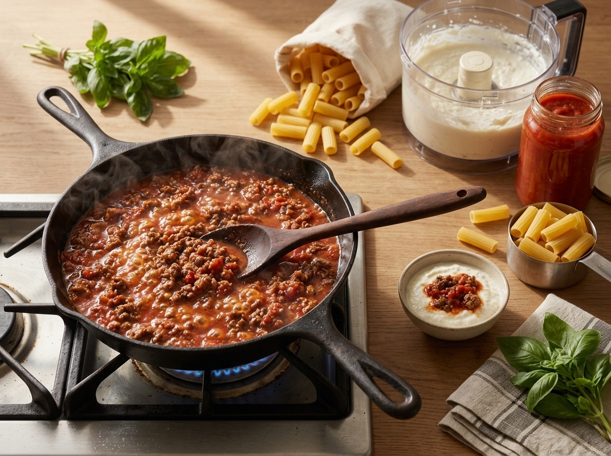 Ground beef and marinara simmering in a cast-iron skillet while blended cottage cheese sits smooth in a food processor nearby