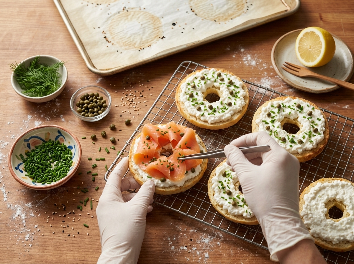 Hands shaping cottage cheese dough into bagel rings on a floured wooden counter before the egg wash and everything seasoning go on.