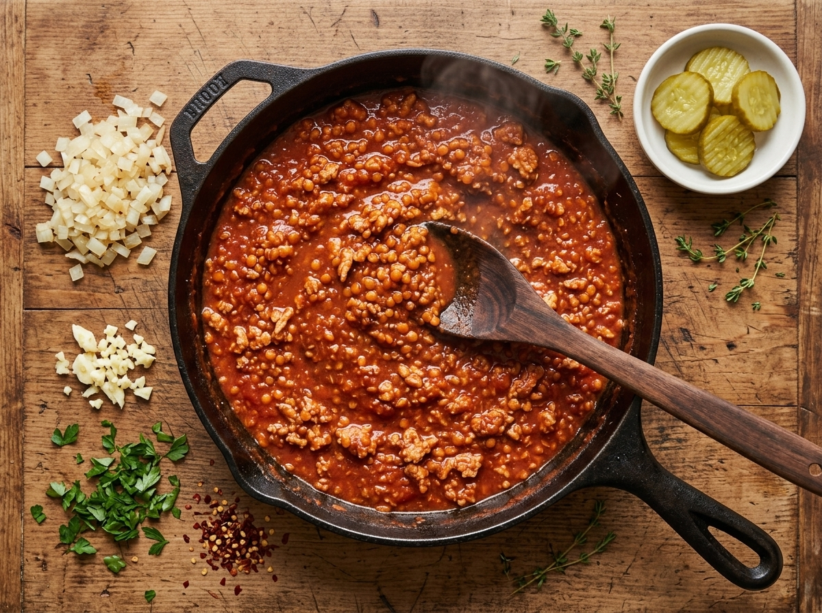 Ground turkey and red lentils simmering with tomato sauce in a cast iron skillet, wooden spoon stirring the thickening mixture