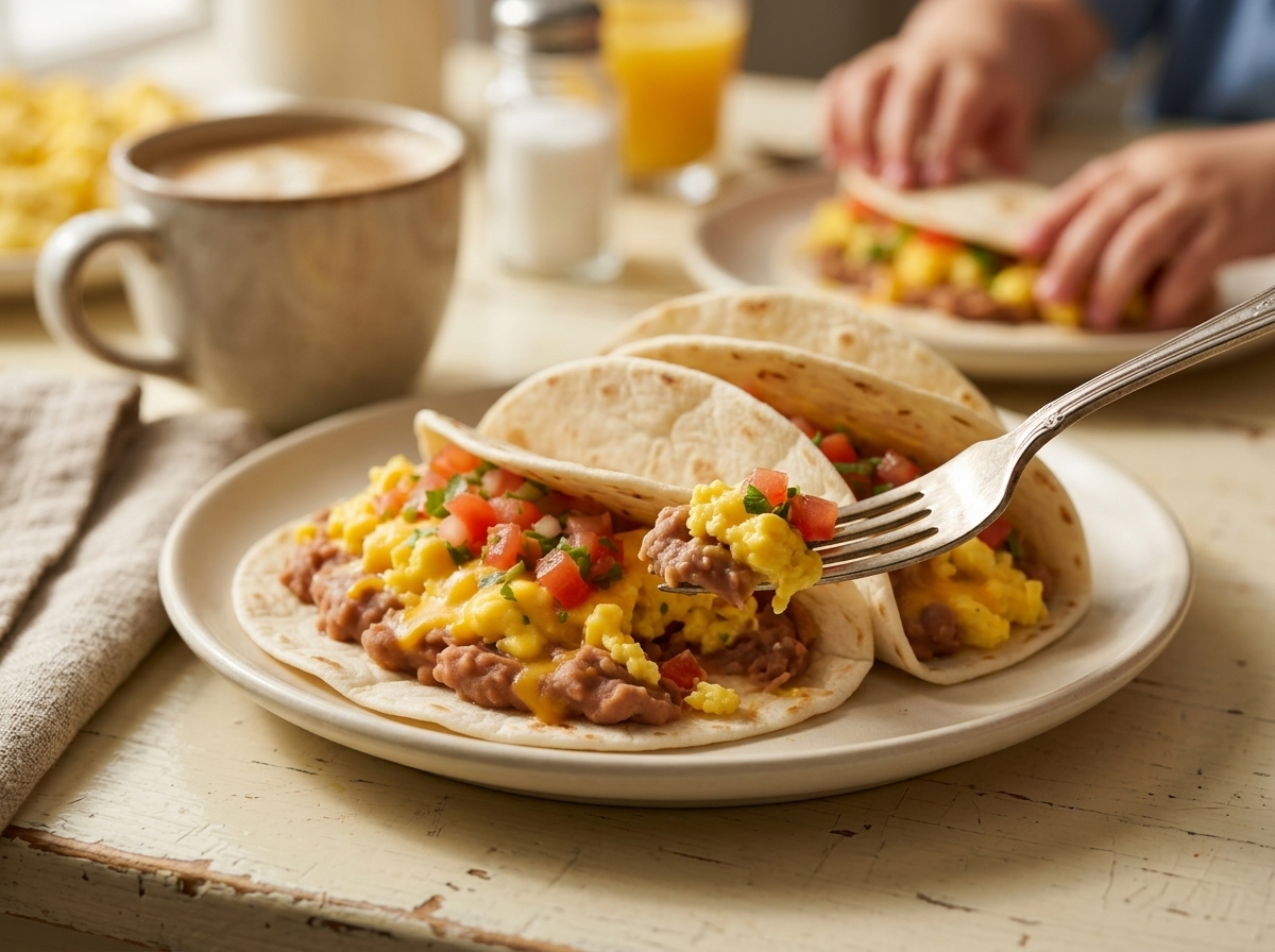 Family breakfast table with plated tacos, coffee mug, and a child reaching for a taco in warm morning light.