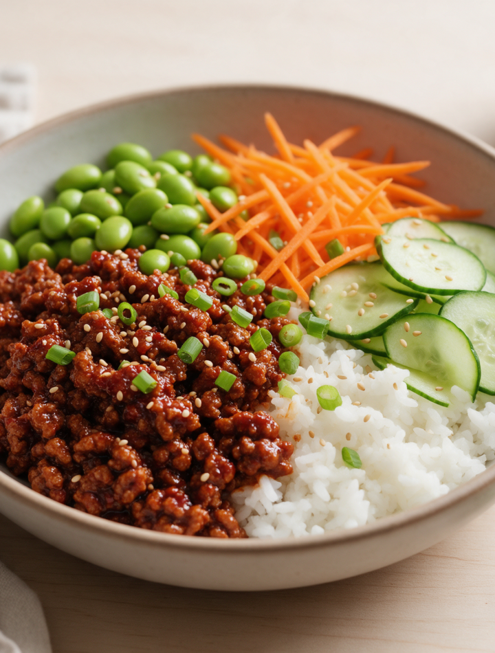 Overhead view of a ceramic bowl with glossy ground beef, bright edamame, shredded carrot and rice on a wood table.