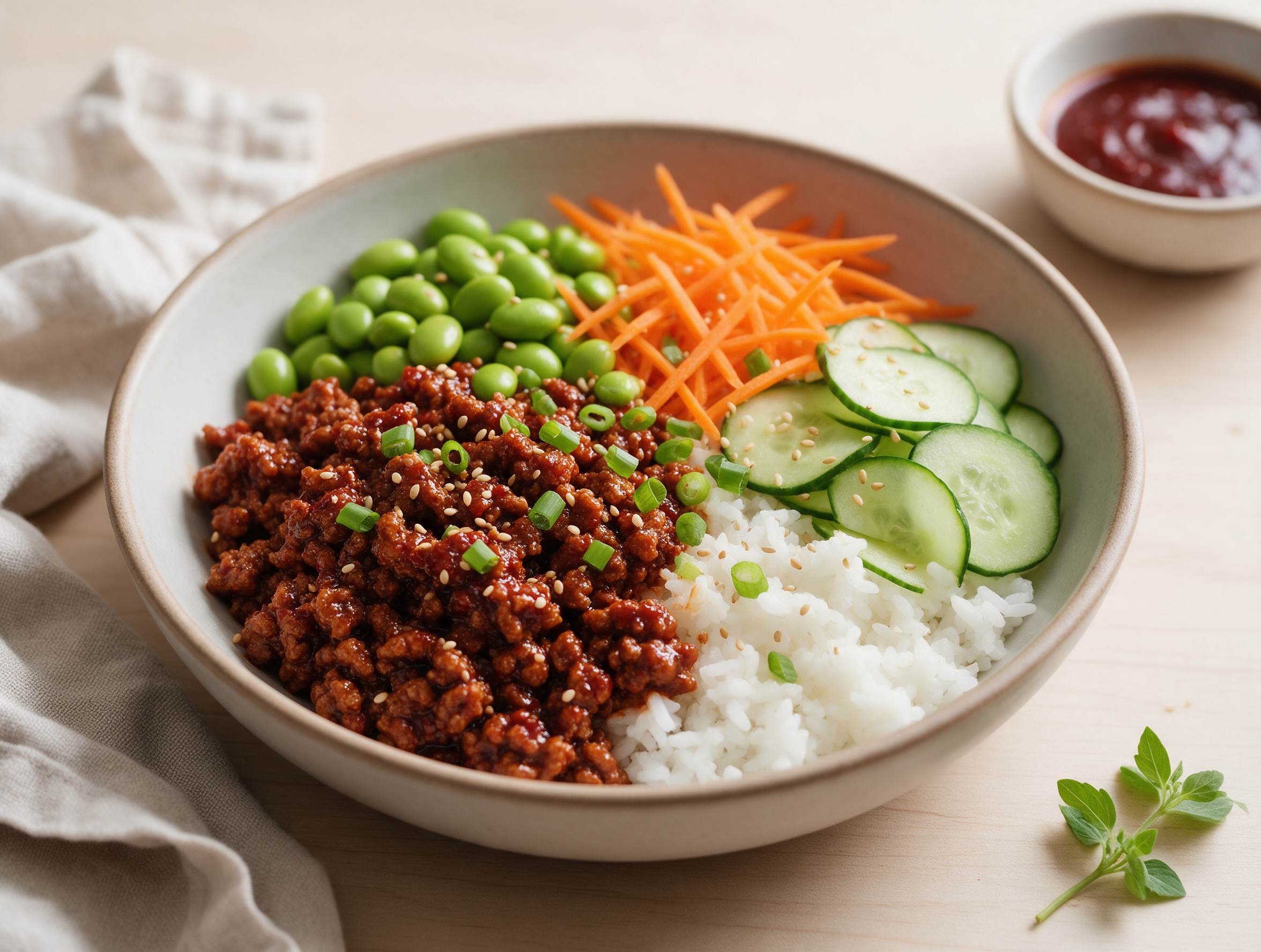 Overhead view of a ceramic bowl with glossy ground beef, bright edamame, shredded carrot and rice on a wood table.
