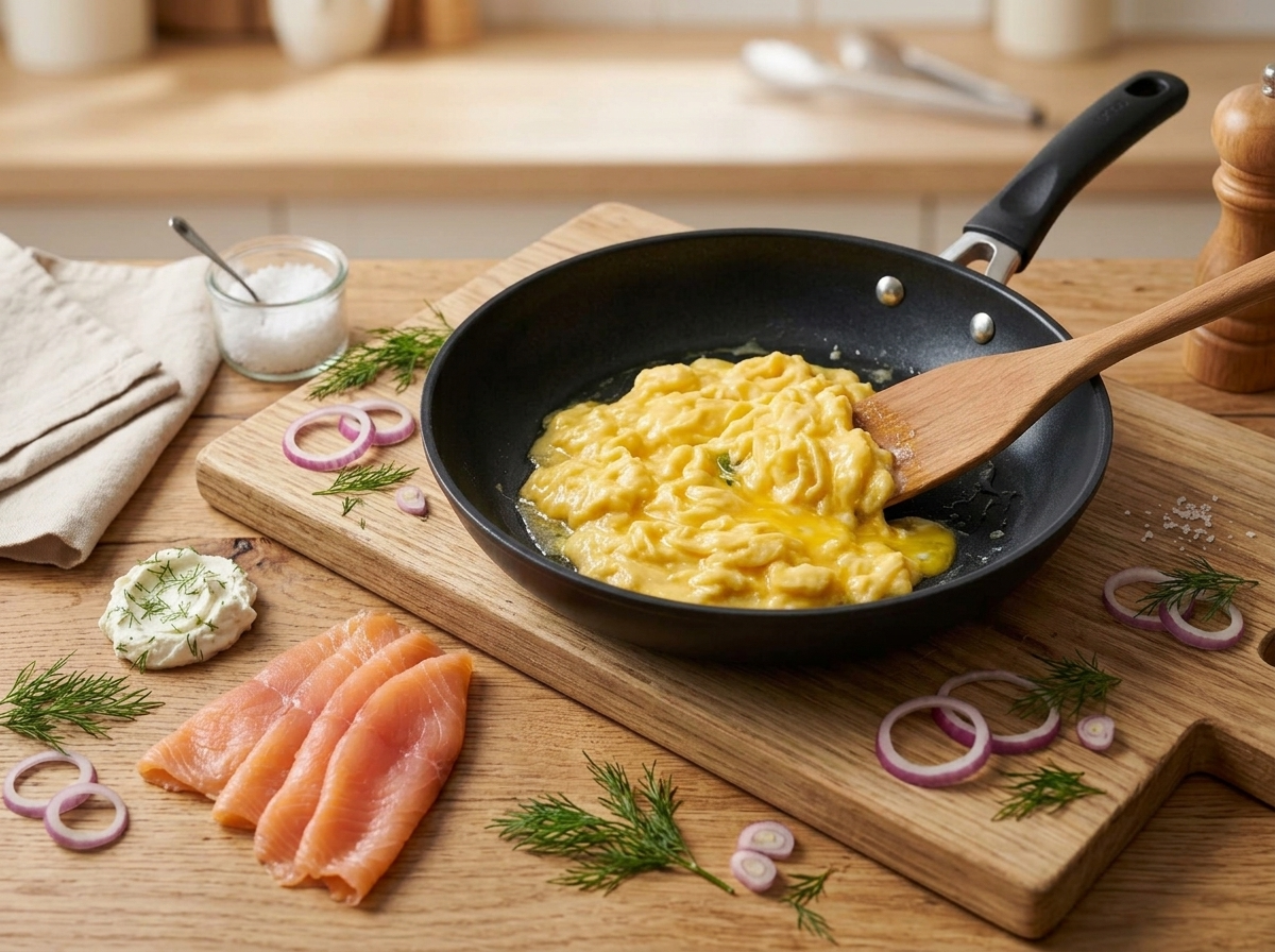 Soft scrambled eggs cooking in a nonstick skillet with a rubber spatula pulling glossy curds off the heat.