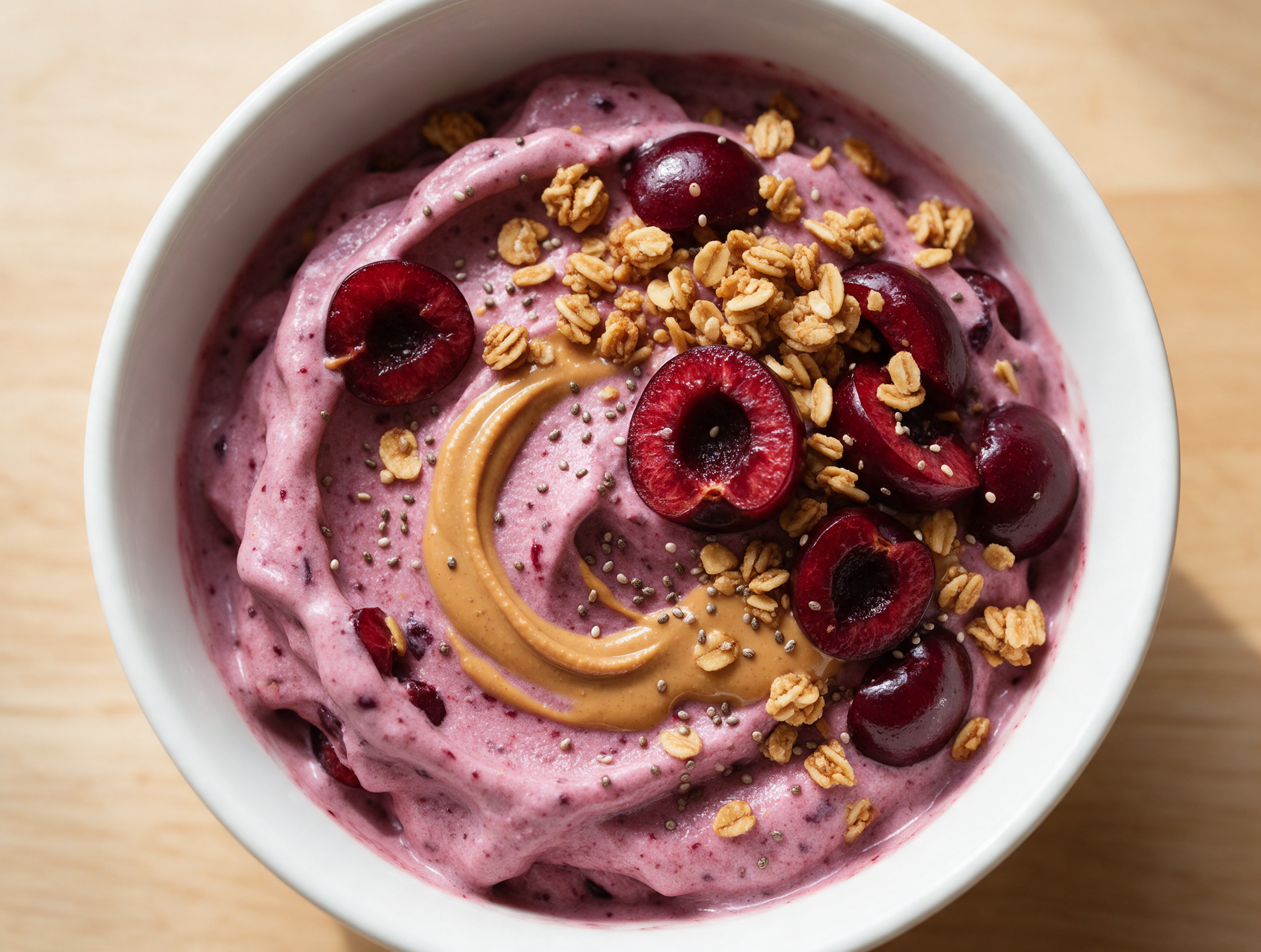 Overhead shot of a cherry Greek yogurt smoothie bowl topped with granola, chia seeds, and an almond butter swirl on wood.