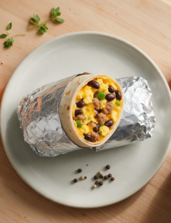 Sliced turkey sausage breakfast burrito on a wood board showing egg, cheddar and black beans in cross-section, morning light
