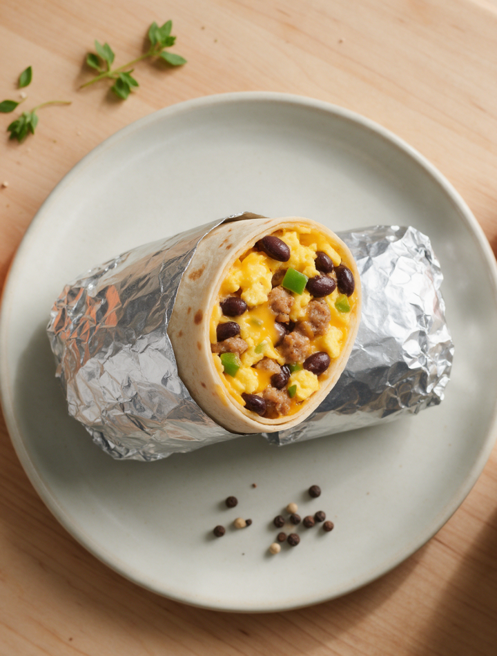 Sliced turkey sausage breakfast burrito on a wood board showing egg, cheddar and black beans in cross-section, morning light