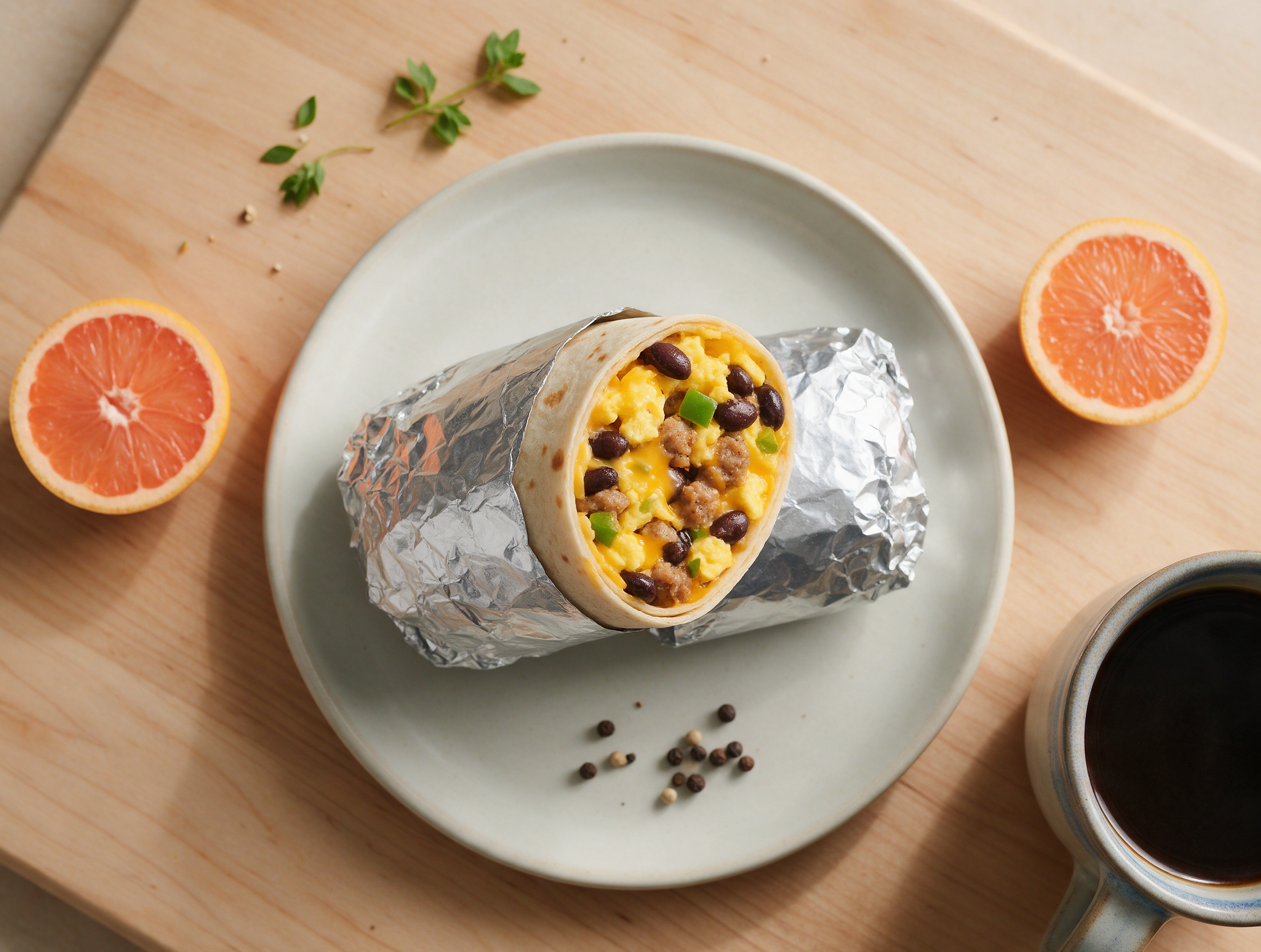 Sliced turkey sausage breakfast burrito on a wood board showing egg, cheddar and black beans in cross-section, morning light