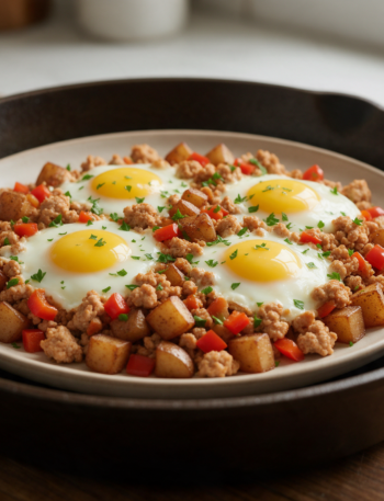 Overhead shot of ground turkey hash in a cast iron skillet with four fried eggs, diced peppers, and parsley on a wood table.