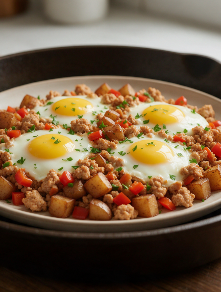 Overhead shot of ground turkey hash in a cast iron skillet with four fried eggs, diced peppers, and parsley on a wood table.