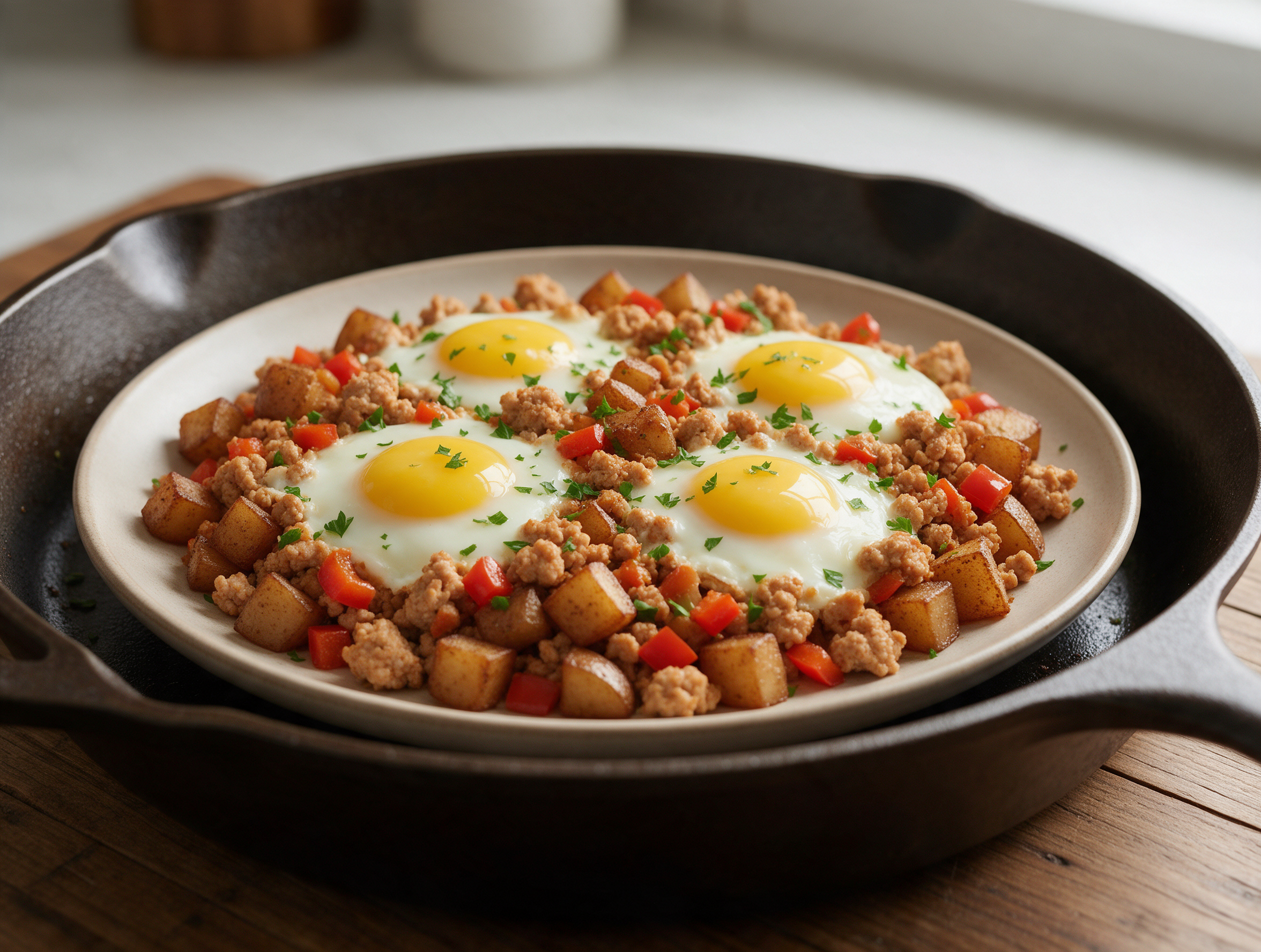 Overhead shot of ground turkey hash in a cast iron skillet with four fried eggs, diced peppers, and parsley on a wood table.