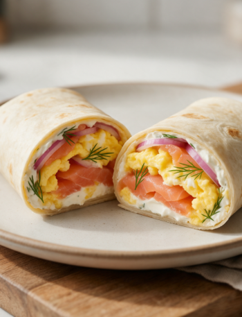 Sliced smoked salmon and cream cheese egg wrap on a wooden board, pink salmon and yellow egg visible in cross-section.