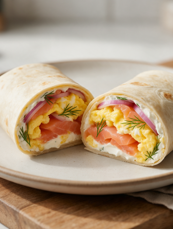 Sliced smoked salmon and cream cheese egg wrap on a wooden board, pink salmon and yellow egg visible in cross-section.