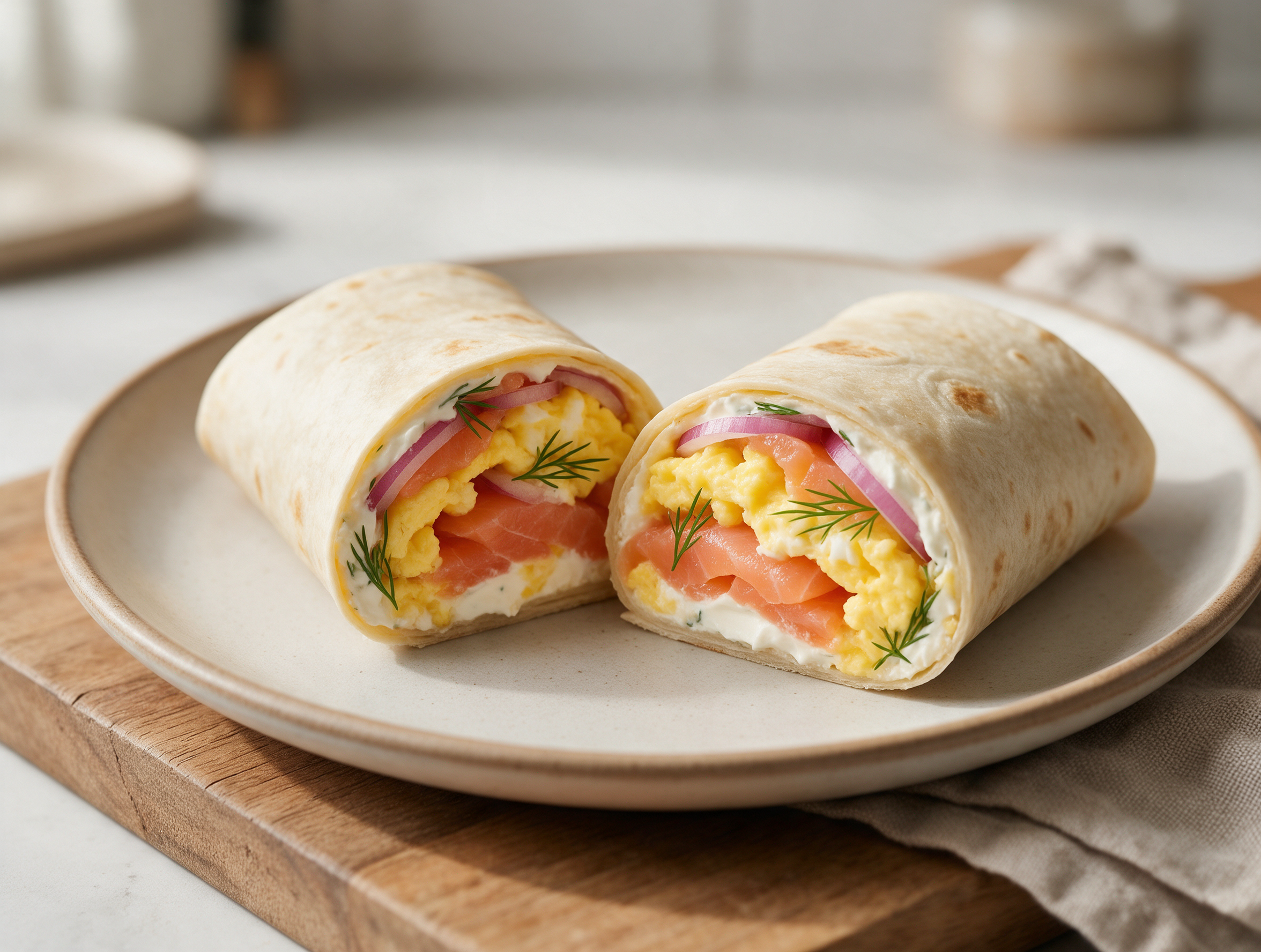 Sliced smoked salmon and cream cheese egg wrap on a wooden board, pink salmon and yellow egg visible in cross-section.