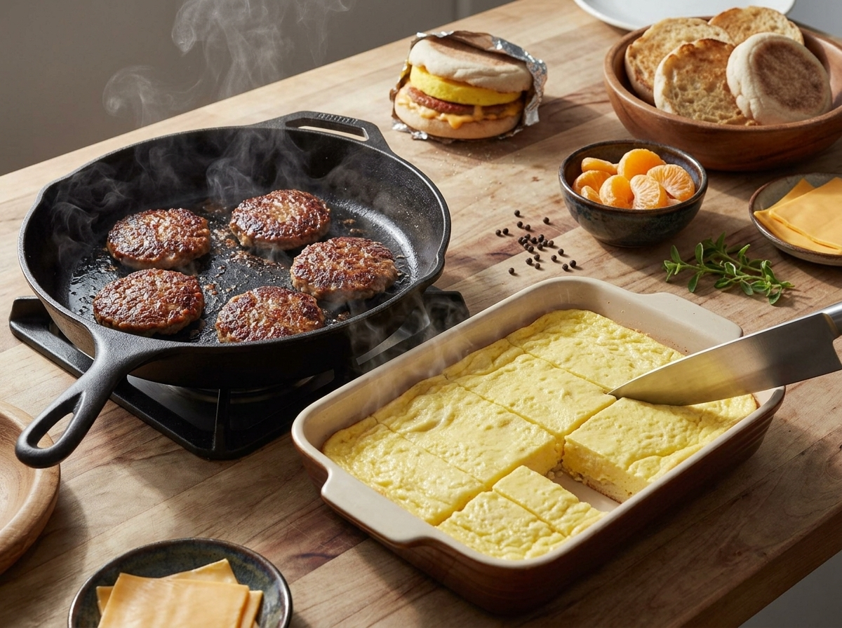 Sausage patties searing in a cast iron skillet beside a pan of just-baked eggs being cut into rectangles