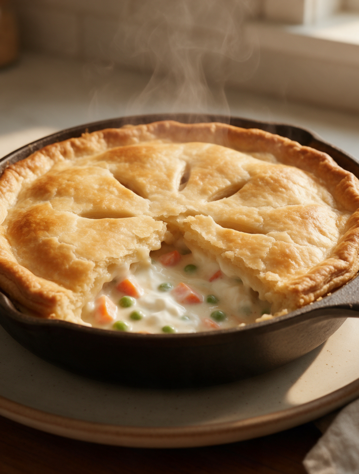 Overhead view of a golden vented pie crust in a cast-iron skillet with creamy chicken and vegetable filling peeking through.