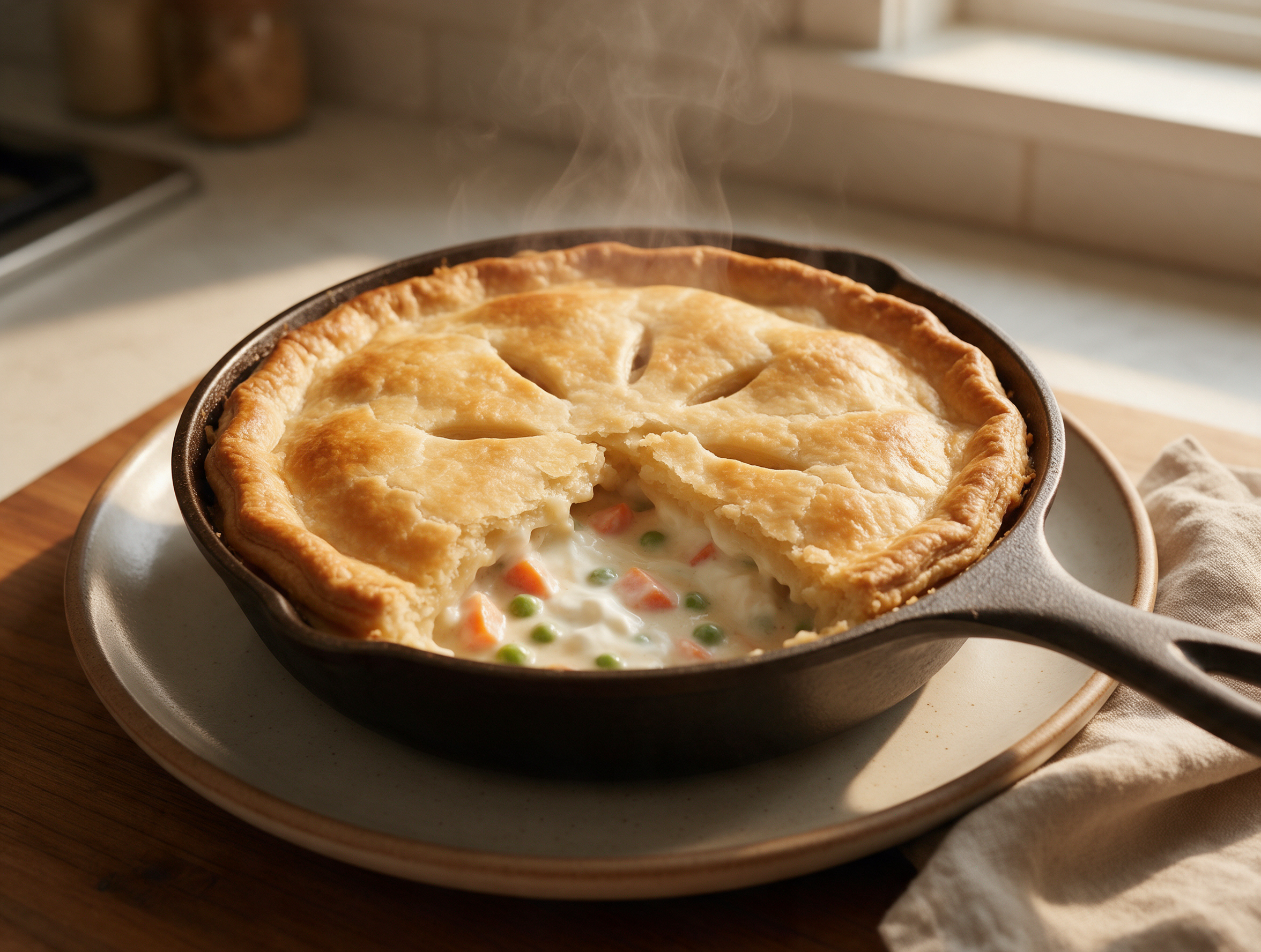 Overhead view of a golden vented pie crust in a cast-iron skillet with creamy chicken and vegetable filling peeking through.