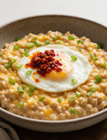 Overhead bowl of cheesy oats topped with a runny soft egg and glistening red chili crisp oil, sliced scallions on top