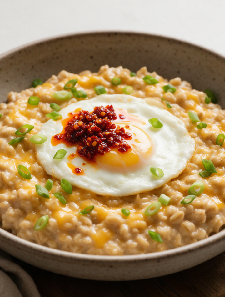 Overhead bowl of cheesy oats topped with a runny soft egg and glistening red chili crisp oil, sliced scallions on top