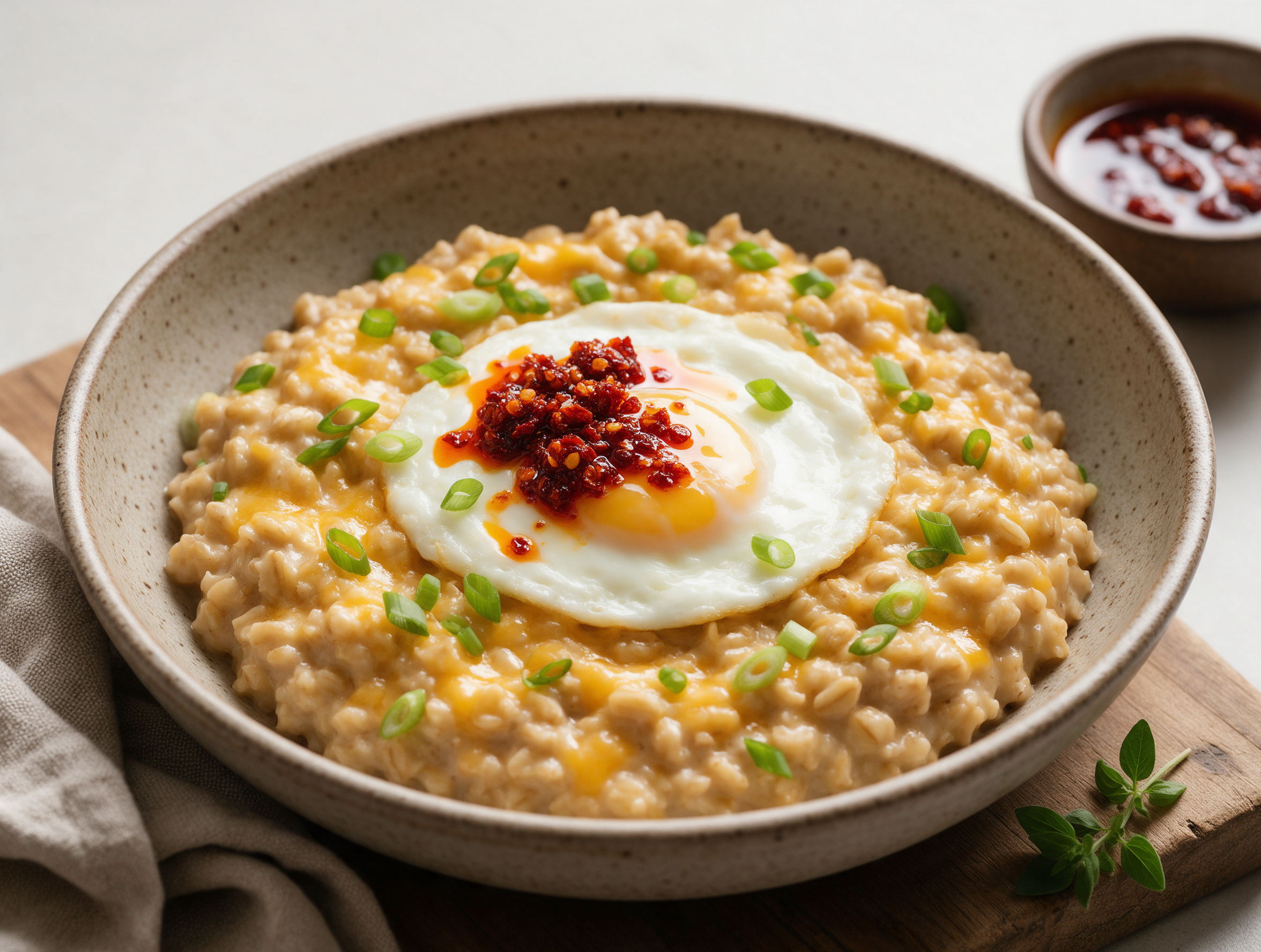 Overhead bowl of cheesy oats topped with a runny soft egg and glistening red chili crisp oil, sliced scallions on top