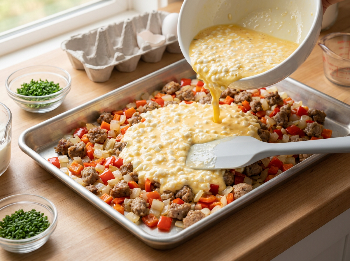 Egg and cottage cheese mixture being poured over browned turkey sausage and sauteed peppers in a metal sheet pan