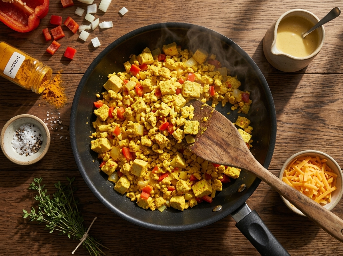 Wooden spatula stirring crumbled tofu and diced red pepper as turmeric coats everything a bright yellow in a hot skillet