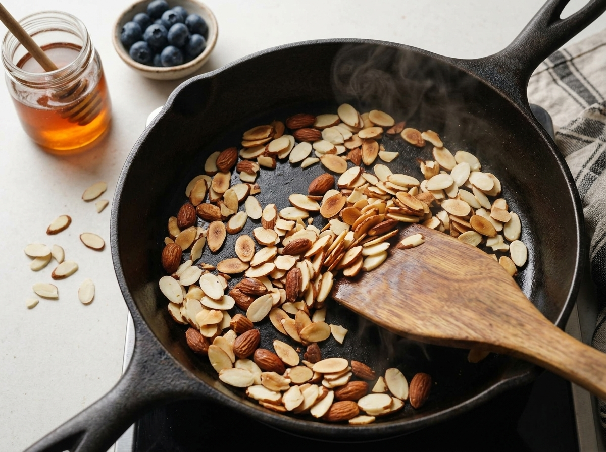Sliced almonds toasting and browning in a cast iron skillet on the stovetop while being stirred with a wooden spoon