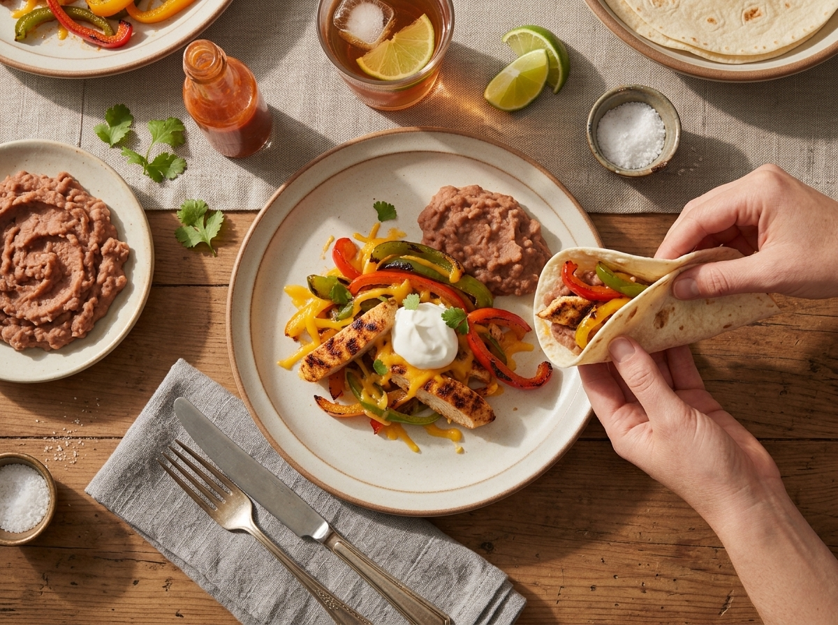Hands folding a warm tortilla with chicken fajitas and refried beans at a table set with a linen napkin and lime wedges