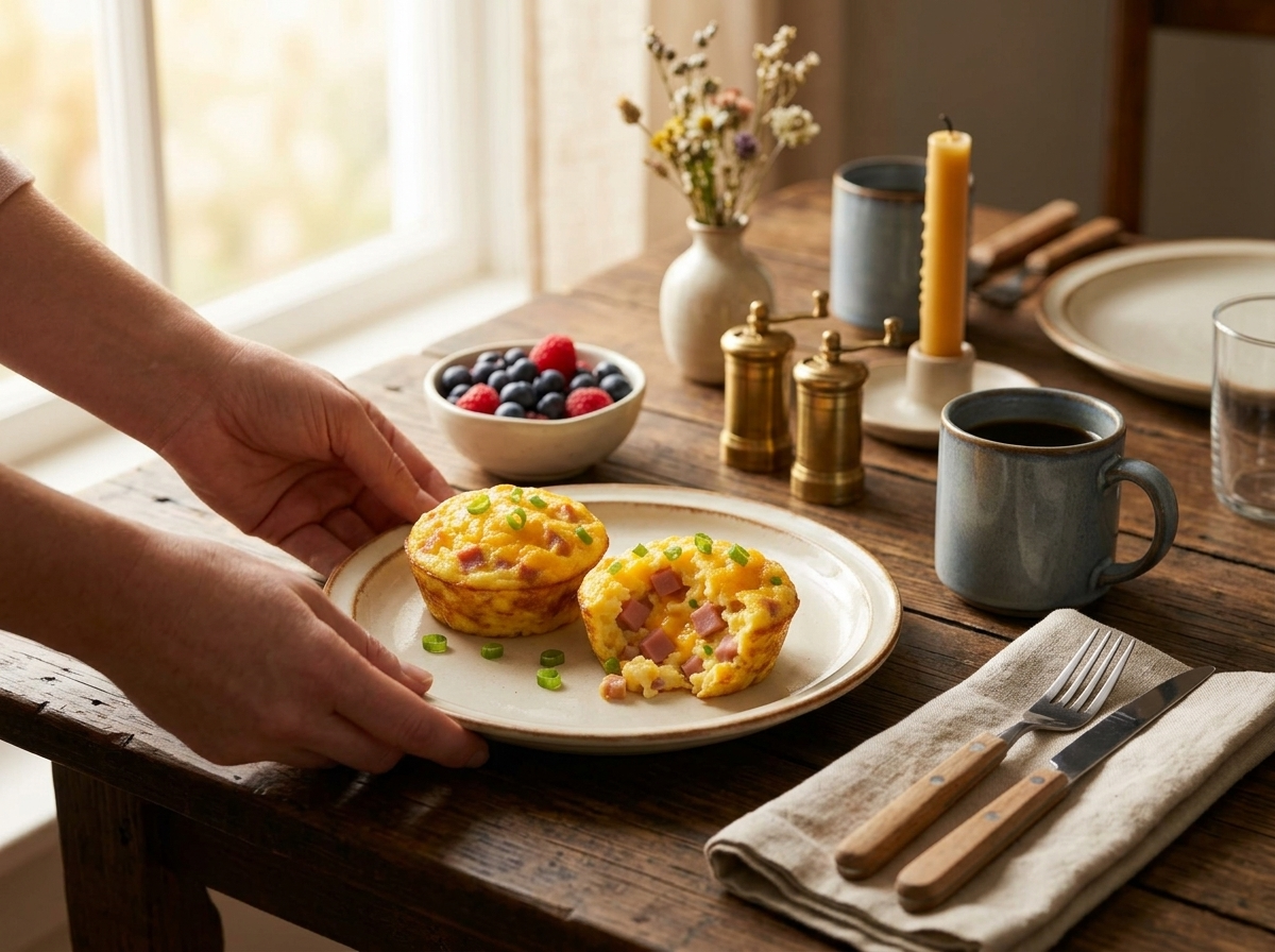 Plate of two ham and cheese egg muffins next to a bowl of fresh berries on a wooden breakfast table in morning light.
