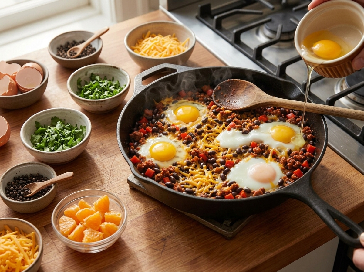 Overhead view of eggs being cracked into wells in a simmering chorizo and black bean skillet mixture on the stovetop