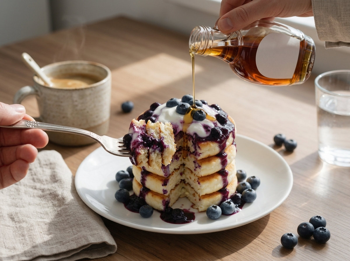 A hand pouring maple syrup over a stacked pancake plate at a sunlit breakfast table with a coffee mug and linen napkin.