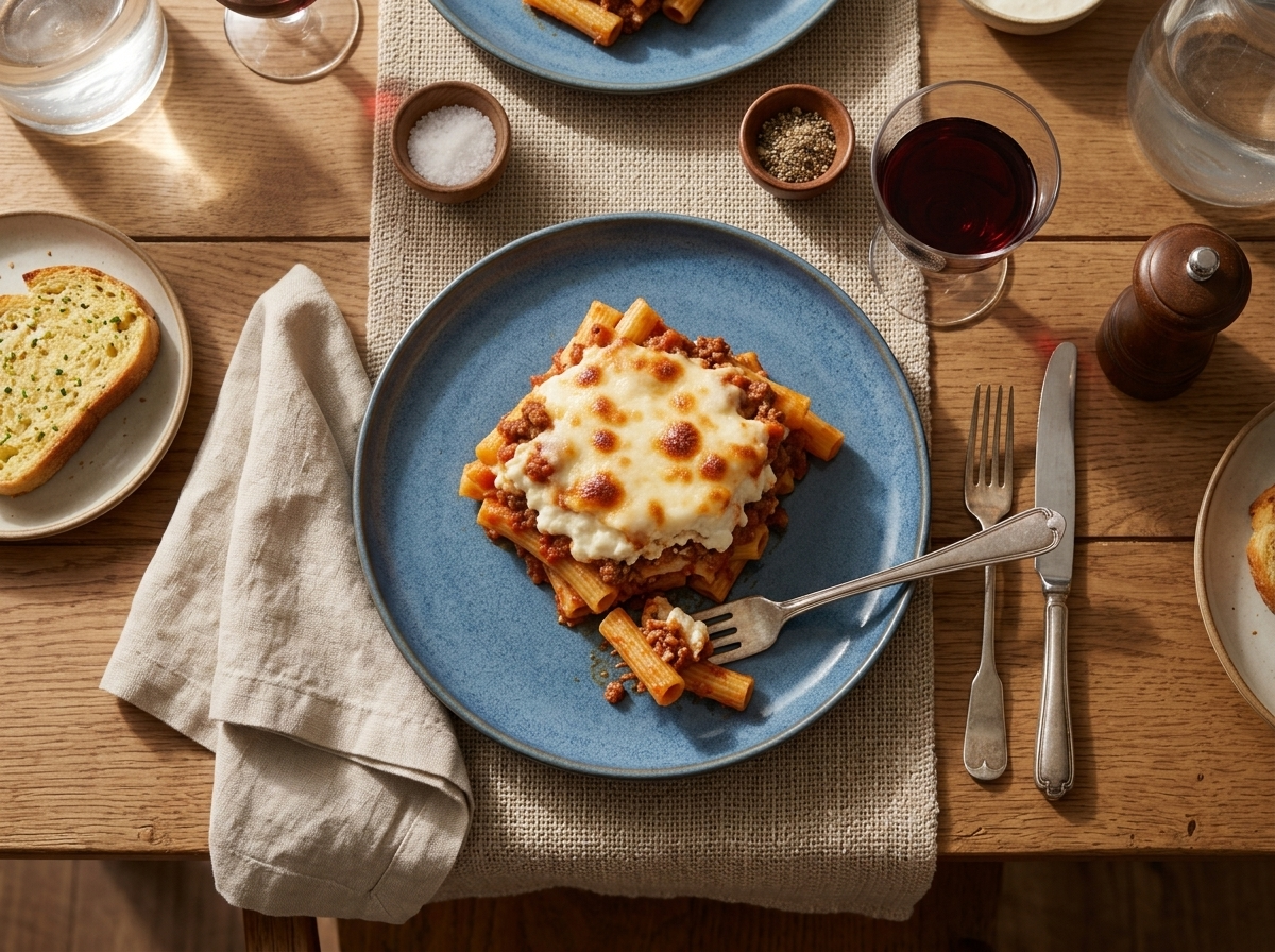 A wooden table set with a slice of baked ziti on a blue plate, garlic bread, and a fork resting mid-bite in warm light