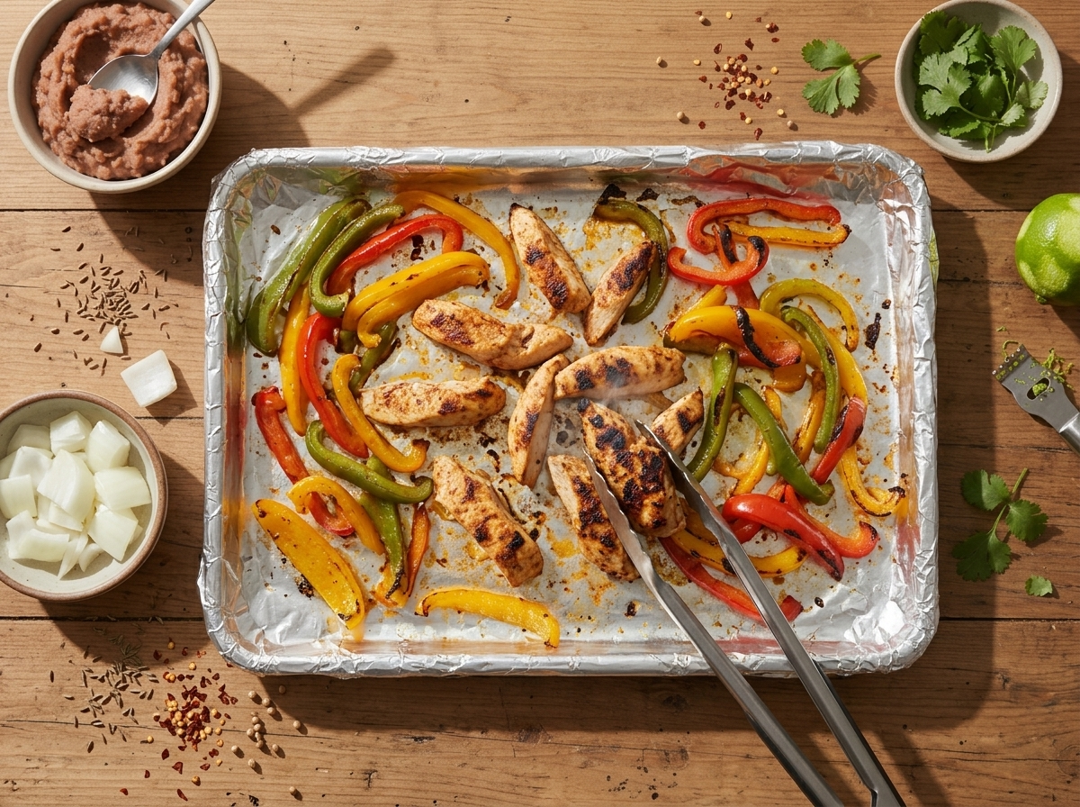 Chicken and bell pepper strips roasting on a sheet pan, tongs turning pieces with charred edges forming under oven light