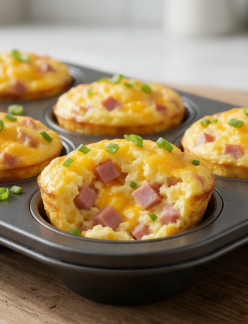 Golden ham and cheese egg muffins in a black tin, one split open to show melted cheddar and diced ham inside.