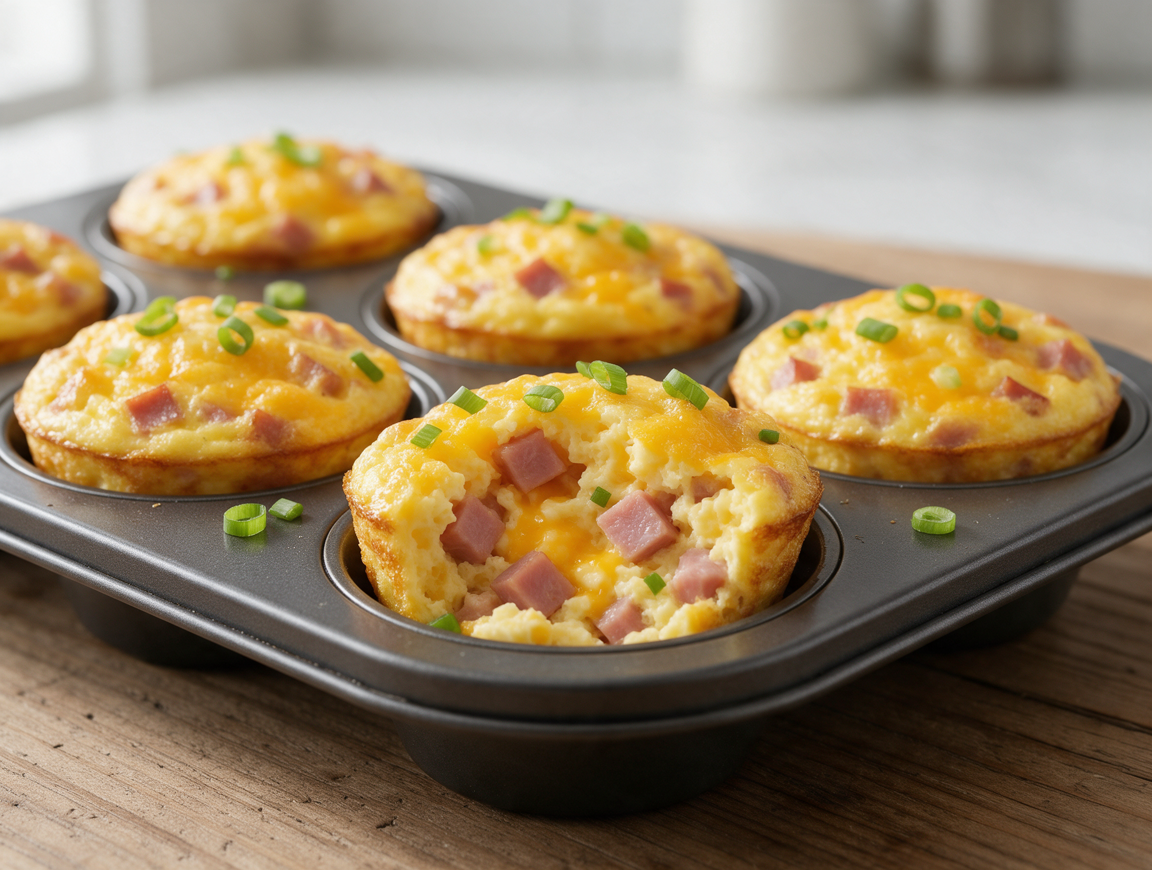 Golden ham and cheese egg muffins in a black tin, one split open to show melted cheddar and diced ham inside.