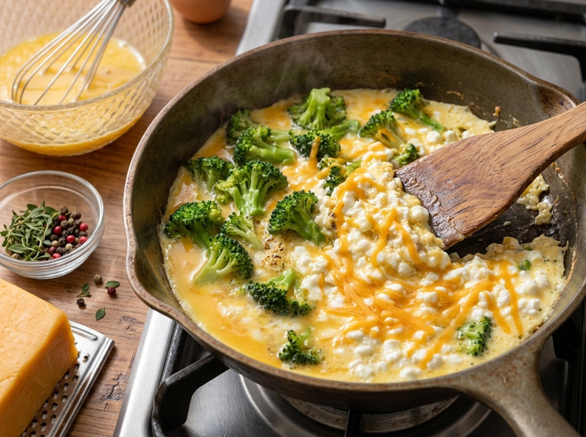 Whisking eggs and cottage cheese in a glass bowl next to a skillet of sauteed broccoli and onion on the stove