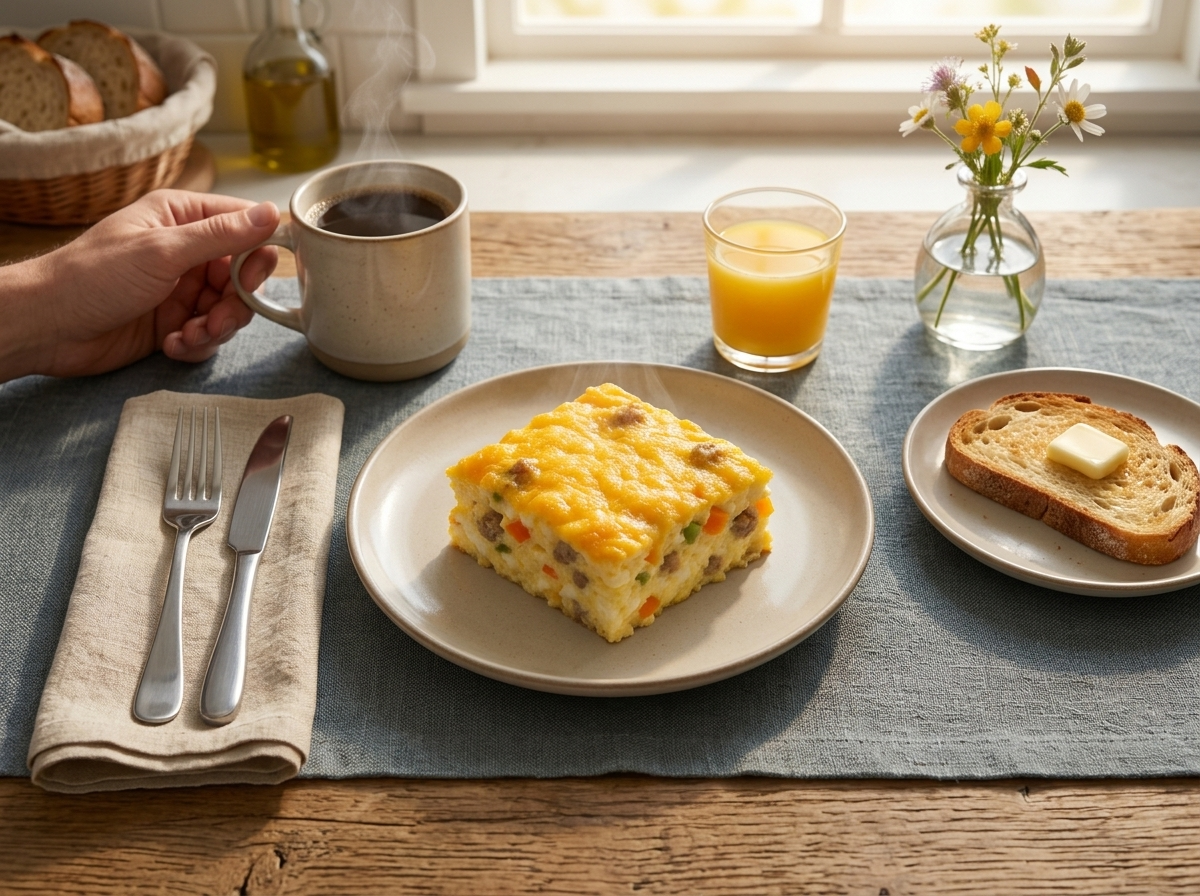 Family breakfast table in a sunlit kitchen with casserole squares on plates, coffee mugs, and a fork mid-bite