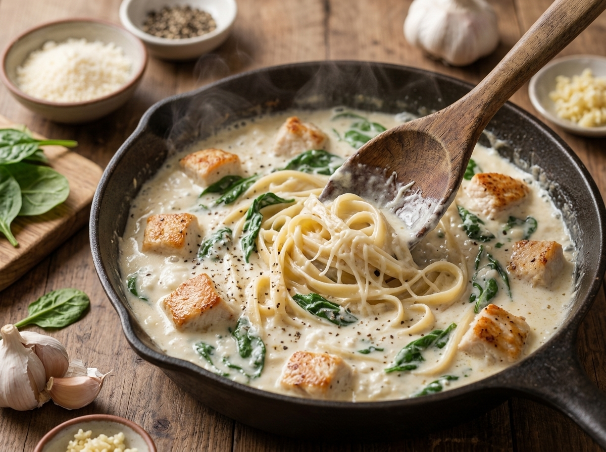 A wooden spoon stirs a smooth blended cottage cheese sauce with melted Parmesan bubbling in a cast-iron skillet.