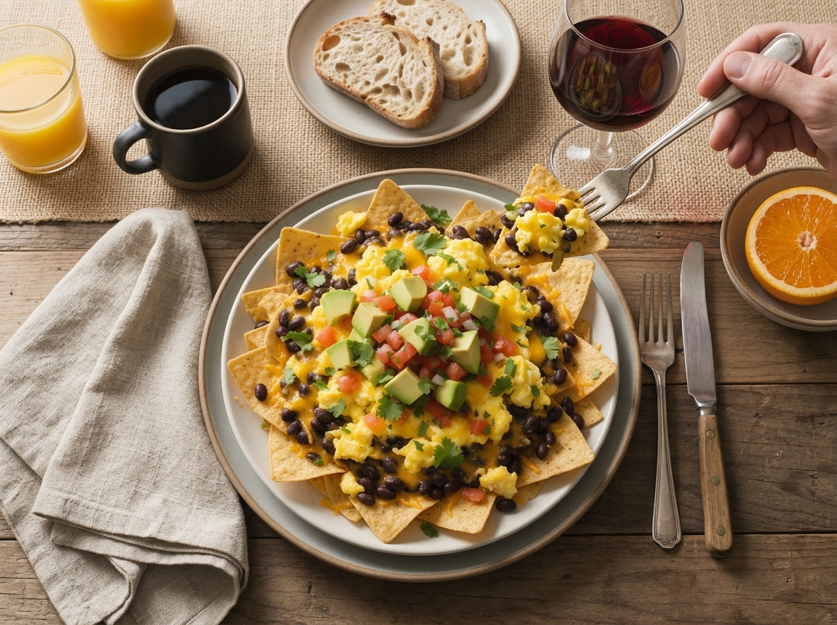 Hand scooping loaded breakfast nachos onto a plate at a sunlit kitchen table with coffee and orange juice nearby