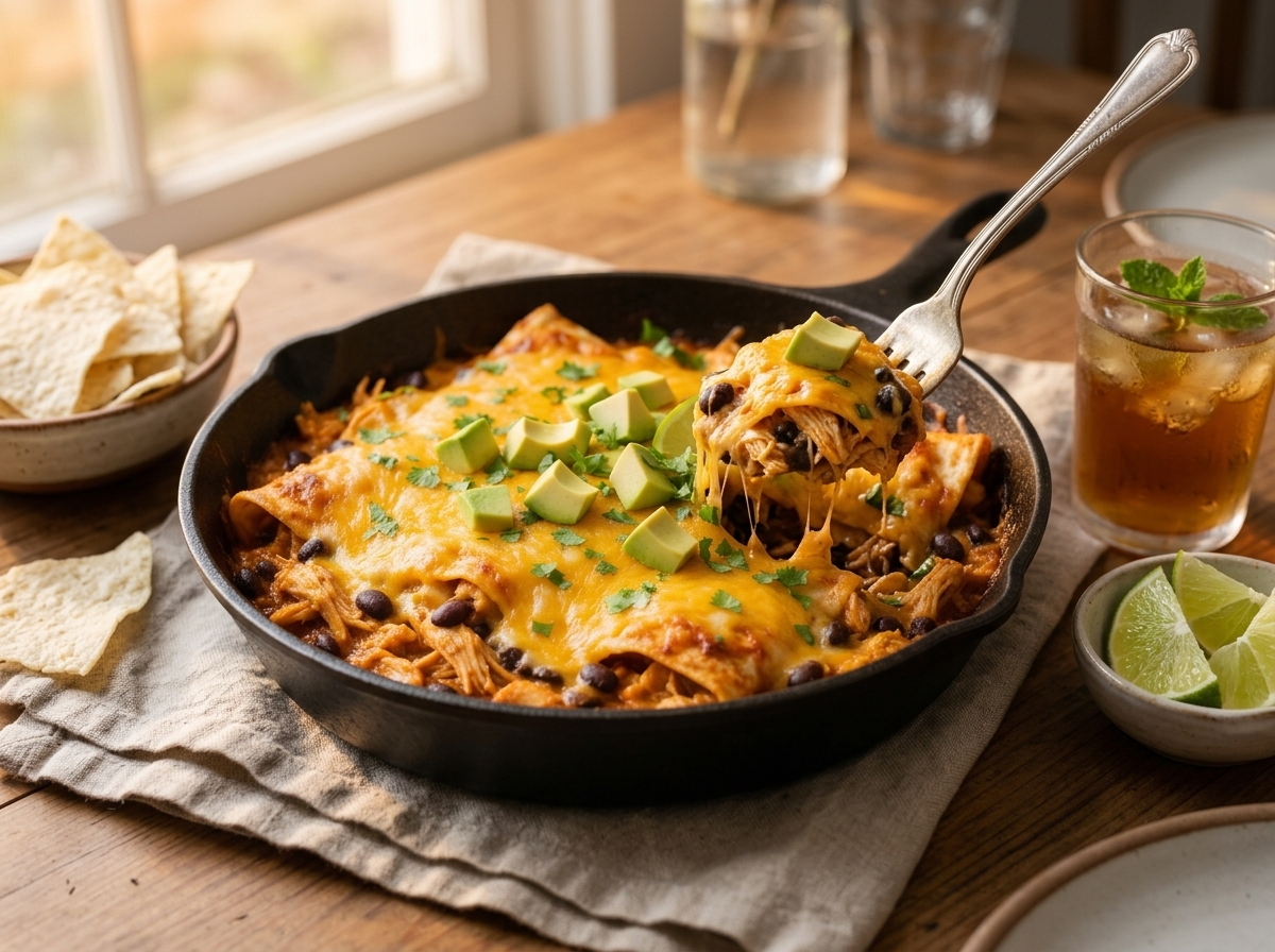 Family-style skillet on a linen napkin with tortilla chips and lime wedges, steam rising at the dinner table.