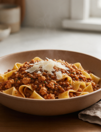 Bowl of pappardelle topped with turkey and lentil Bolognese sauce and shaved parmesan on a rustic wood table