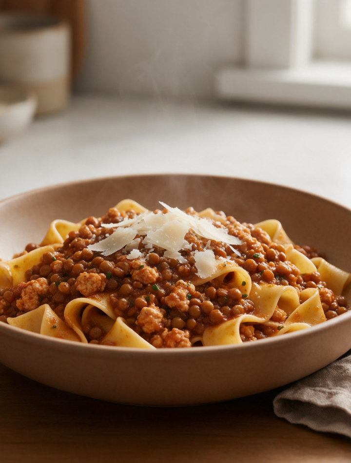 Bowl of pappardelle topped with turkey and lentil Bolognese sauce and shaved parmesan on a rustic wood table