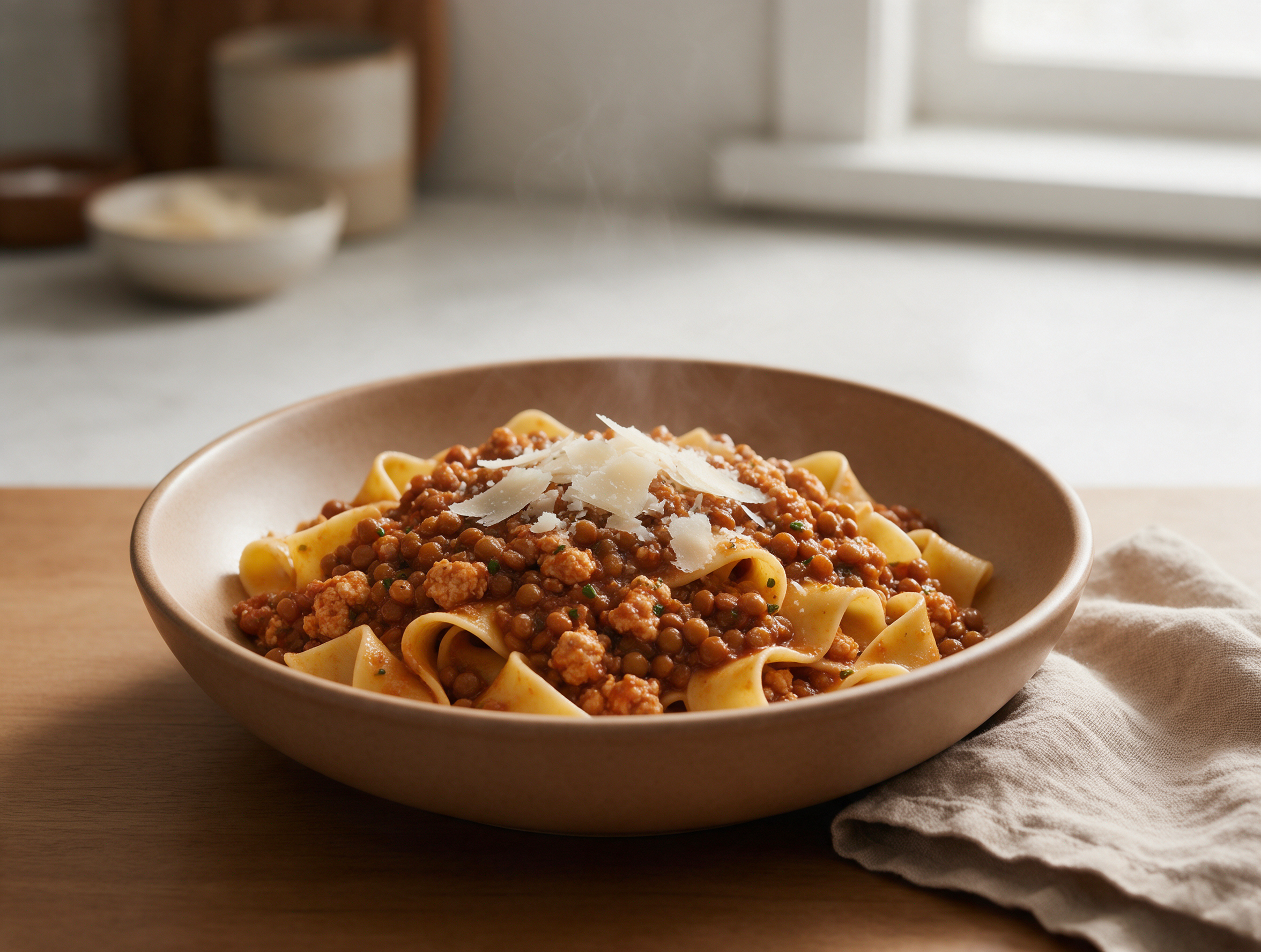 Bowl of pappardelle topped with turkey and lentil Bolognese sauce and shaved parmesan on a rustic wood table
