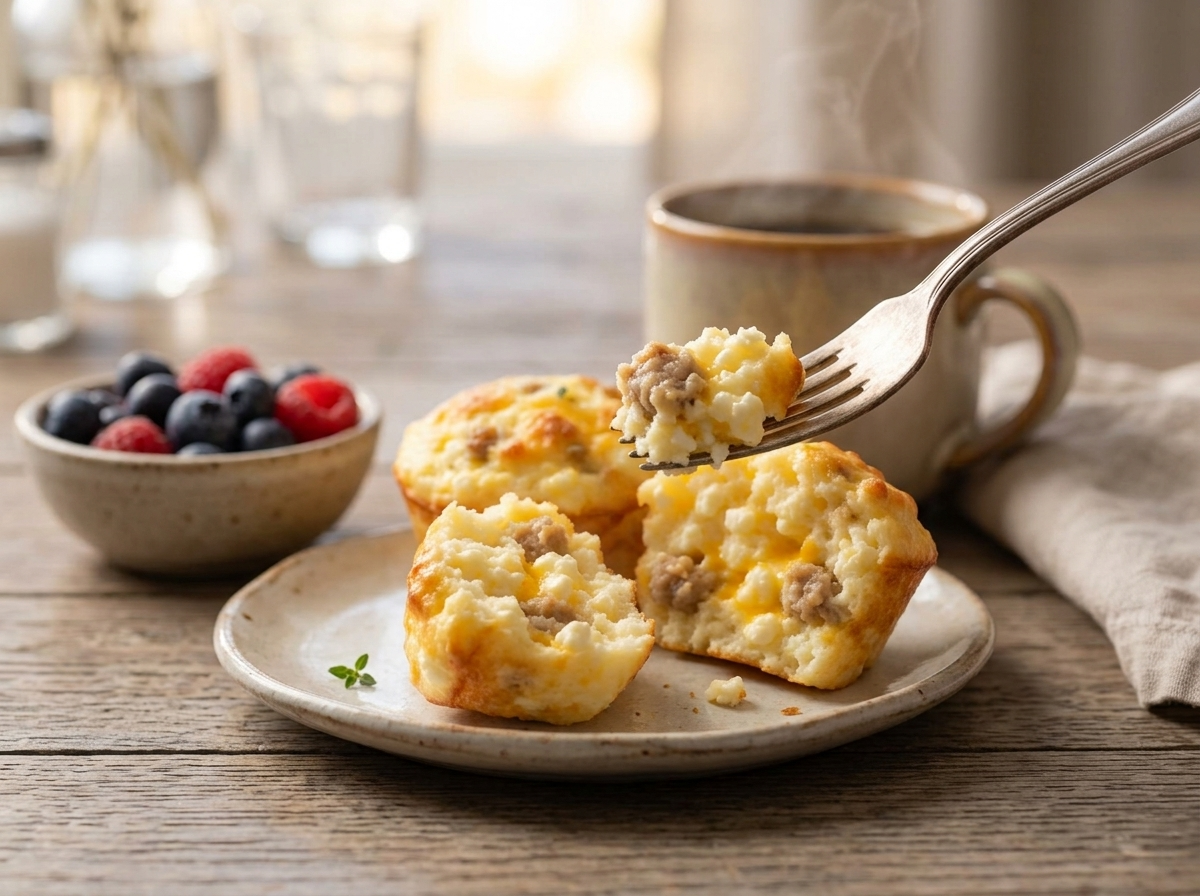 Two split muffins on a plate beside a coffee mug and bowl of berries on a wood table in morning light