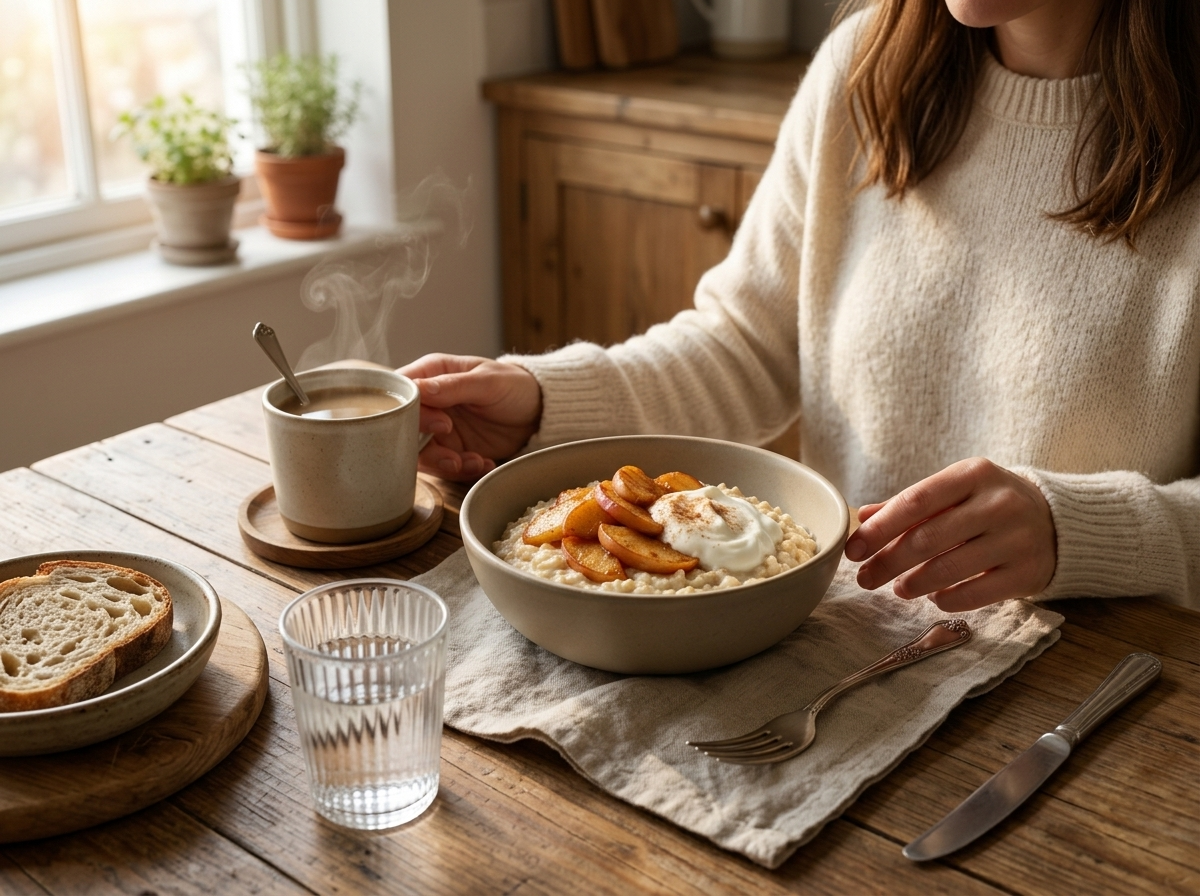 Woman at a kitchen table eating a bowl of cinnamon apple oatmeal beside a mug of coffee and folded linen napkin