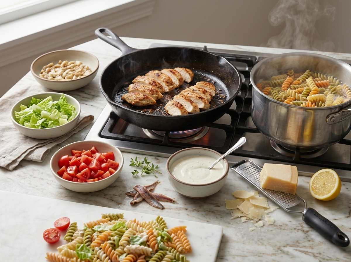 Cast-iron skillet with chicken cutlets browning on one side while rotini boils in the pot beside it