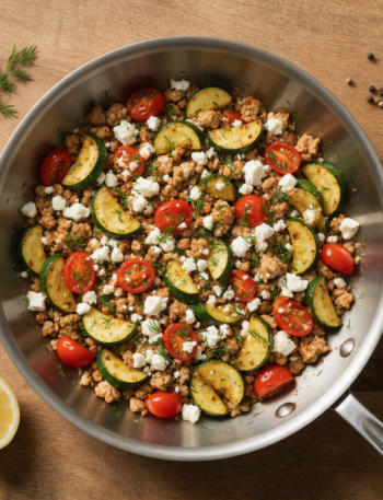 Overhead view of a skillet with browned turkey, zucchini half-moons, cherry tomatoes and white feta on a wooden board