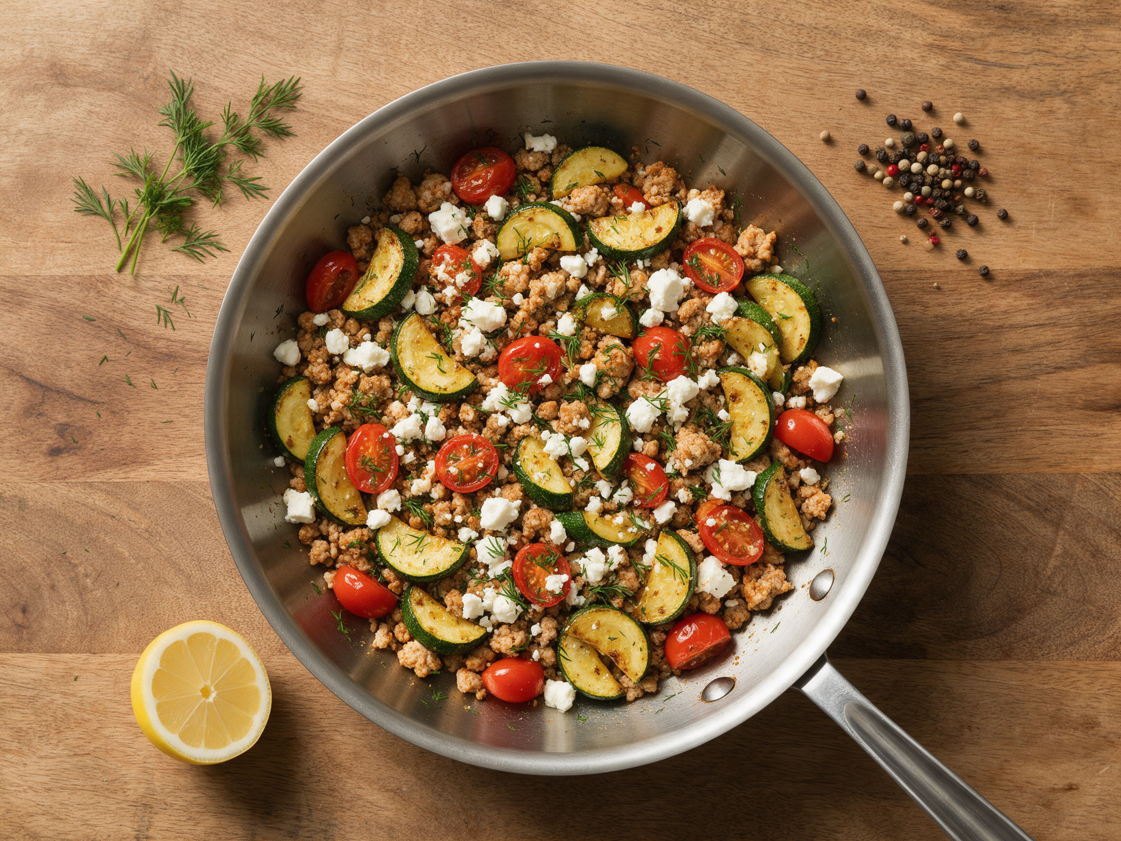 Overhead view of a skillet with browned turkey, zucchini half-moons, cherry tomatoes and white feta on a wooden board